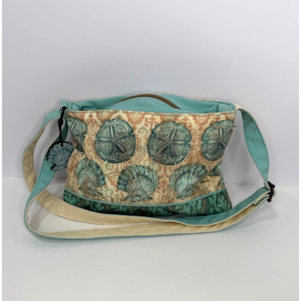 Paul Brent Seaside Cotton Beach Shoulder Bag Purse Shells Seaweed Aqua Green